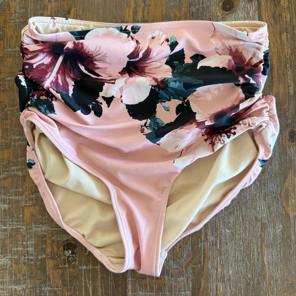 Albion Fit High-Waisted Ruched Bikini Bottoms in Pink Floral XS